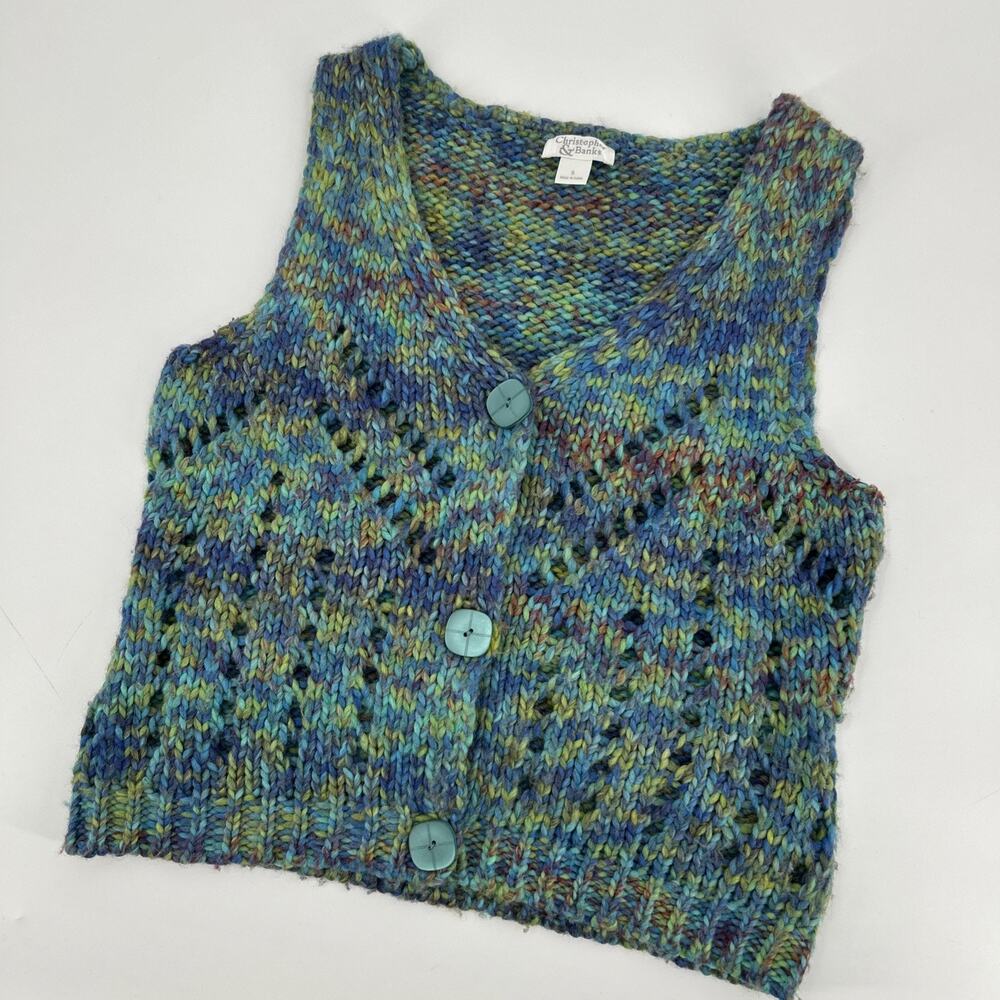 Vintage Christopher & Banks Knit Vest Womens Size S Blue Wool Blend Cozy Fairy